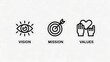 © PAVEL - Vision, mission and values editable stroke outline icons set isolated on white background flat vector illustration.