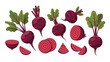 © Safia - Fresh organic red beets shown in different stages of being whole, halved, sliced, and cut into wedges.