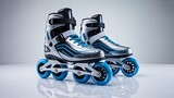 Modern inline roller skates with blue wheels isolated on white background for skating sport concept