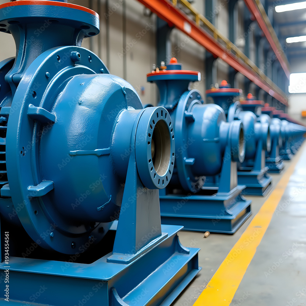 Several blue pumps are lined up in a row inside a factory. The setting shows a large industrial space with high ceilings and equipment in the background.