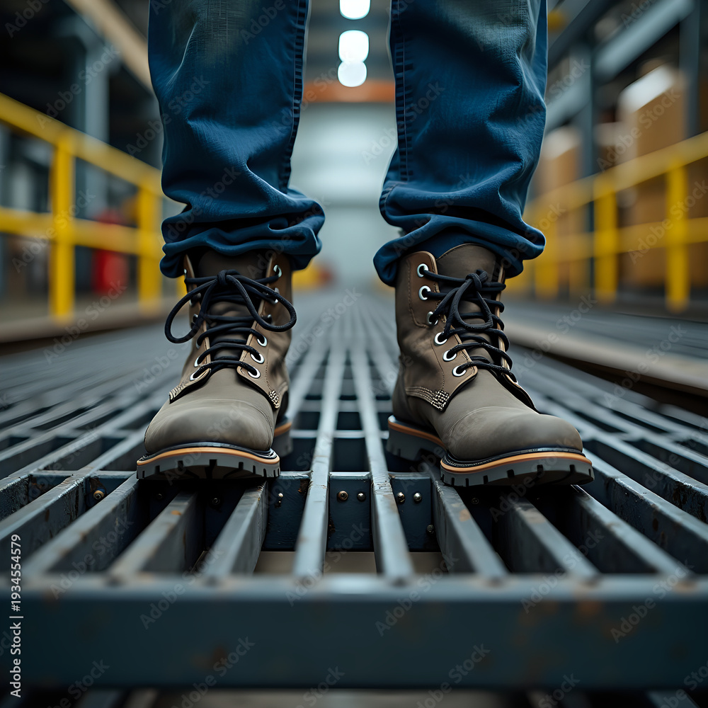 A worker is standing on a metal grate inside a warehouse. The person wears sturdy construction boots and blue jeans. The warehouse has yellow railings and shelves in the background.