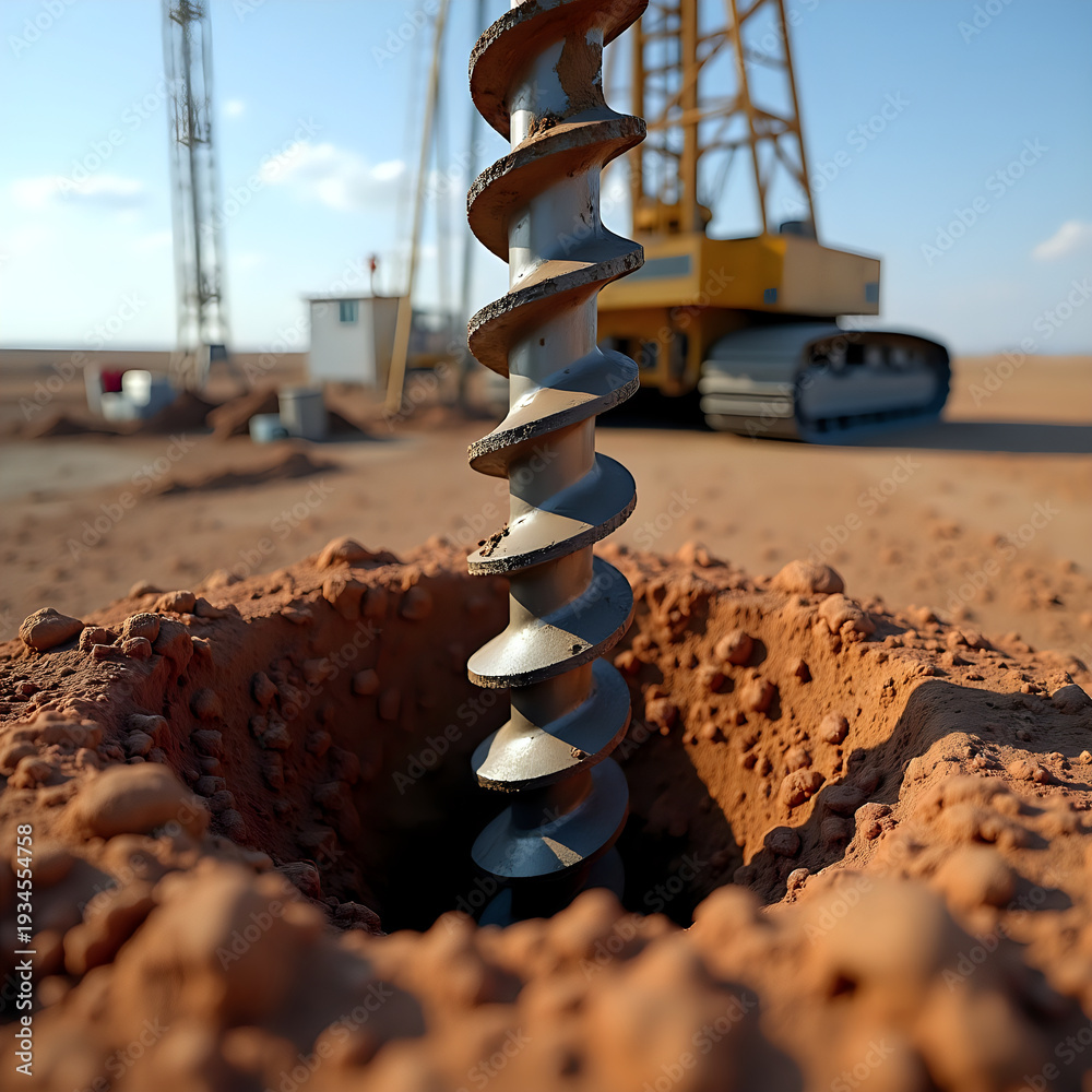 A drill bit is visible in a hole as a drilling machine operates in a dry landscape. Dust and dirt surround the area, indicating ongoing drilling activity.