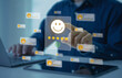 © Custard Pixel - Customer satisfaction rating interface with hand selecting five star review on digital screen strengthening brand reputation user experience optimization and online feedback management strategy.