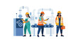 © Ade - Three industrial workers in safety gear standing in a factory with machinery and a conveyor belt, with a clean and organized background.