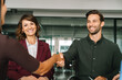 © Stock 4 You - Young professional businessman trade manager doing handshake with client bank investor, business merger partner or work applicant at meeting boardroom sitting at desk in office. Teamwork collaboration