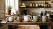 © Saelzu - Variety of Handmade Ceramic Mugs on Rustic Wood Shelf in a Cozy Farmhouse Kitchen