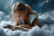 © YouraPechkin - Young girl reading a book while lying on clouds in a mystical setting with stars