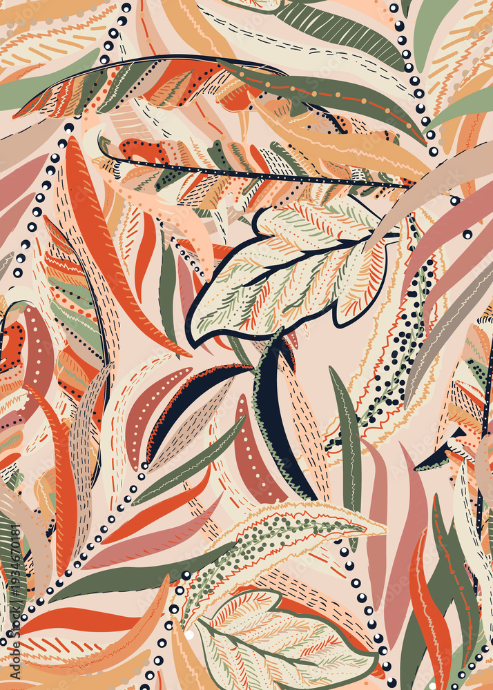 Seamless Pattern floral foliage hand drawing with textura and abstract ...