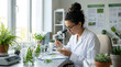 © Alex - Professional female scientist in white lab coat researching plants in a modern laboratory. Biotechnology and botany research concept.