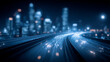 © Benjamin - City highway with streaming data trails illustrating high speed connectivity and smart mobility concept.