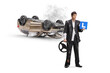 © Ljupco Smokovski - Businessman in a torn suit holding an l-plate and a steering wheel next to an overturned