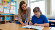 © EwaStudio - Professional female teacher explaining lesson to young woman with Down syndrome. Inclusive education and special needs learning concept in school.