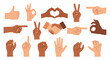 © vecto club - Collection of diverse human hands making various positive and communicative gestures against a white background.