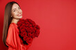 © New Africa - Woman with bouquet of roses on red background, space for text