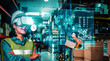 © InfiniteFlow - Future virtual reality technology for innovative VR warehouse management . Concept of smart technology for industrial revolution and automated logistic control .
