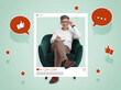 © New Africa - Blogger with notebook in armchair on color background. Man in social media post frame