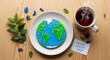 © Nasrin - Earth Day cookie shaped like a globe on a white plate, accompanied by a steaming mug of tea and a 'Happy Earth Day' note, flat lay on a wooden surface.