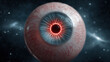 © Keopaserth - Blue iris red pupil glowing eye with bloodshot sclera and starry space background, surreal medical concept blending anatomy and cosmic energy, dramatic glowing center and fine iris detail