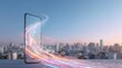 © wikkie - Smartphone with data flow against city background