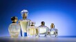 © Sylvia - Luxury perfume bottles elegantly arranged on a smooth blue surface. lifestyle magazines, social media lookbooks, designed for lifestyle magazines and social media content.