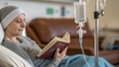 © Art by ChannaronG - Detailed infusion equipment in foreground with patient reading softly blurred behind. Authentic, calm oncology scene for healthcare advertising use.