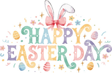 Naklejka na meble Happy Easter Day Watercolor Typography with Bunny Ears and Pastel Spring Decorations 