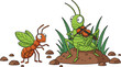 © MdEmdadul - Vector Illustration Of The Ant And The Grasshopper Fable Featuring A Hardworking Ant And A Musical Grasshopper Playing Violin In A Cartoon Style For Storytelling And Educational Concepts
