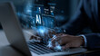© suldev - AI agent data tools and workflow automation concept with businessman typing on laptop and interacting with digital process interface for artificial intelligence development, integration, productivity