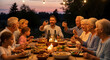 © BornHappy - Multigenerational family sitting at a long wooden table enjoying a meal and making a toast with glasses during an evening celebration