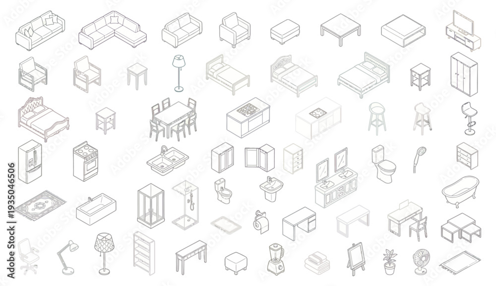 Large Set of Isometric Furniture and Home Fixture Icons, Hand Drawn ...