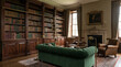 © VectorVille - Antique living room with bookshelf and green sofa in classic style