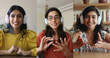 © fizkes - Happy beautiful female influencer, student, online teacher women in headphones waving hand hello at camera, speaking, giving webinar. Multiple portrait of Latin and Indian young professional women