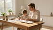 © mihrzn - A father helps his young son with schoolwork at a wooden table in a bright room.