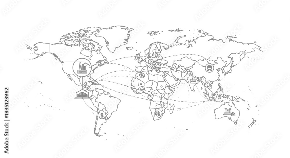 Outline of a simplified world map displays interconnected global trade ...