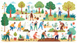 © Mehg - Flat vector illustration collection of diverse people gardening planting trees watering flowers and organic farming in a community garden.