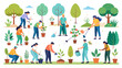 © Mehg - Flat vector illustration collection of diverse people gardening planting trees watering flowers and organic farming in a community garden.