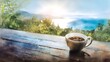 © decorator - Serene morning coffee view tranquil nature scene gentle light evokes peaceful anticipation landscape illustration