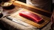 © Owen - Fresh raw tuna fillet on bamboo mat with sharp knife chef preparing sashimi in traditional Japanese style high quality seafood for sushi culinary art gourmet dining professional