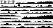 © Kulsum Creative - Diverse black silhouette landscape elements, trees, hills, and grass for graphic design.