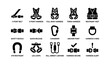 © Cali6ro - Safety harness equipment icons: belt, vest, buckle, carabiner, lanyard symbols