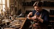 © StockEra - Artisan meticulously crafting a leather shoe in a traditional workshop, focused on detail and quality, with tools and materials arranged on a wooden workbench, bathed in warm light.