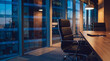 © Christine - Modern office meeting room with executive chair and large windows overlooking city skyline at dusk.