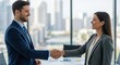 © soem - A man and a woman are shaking hands in a modern office. They are both dressed in professional attire and smiling at each other.