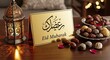 © soem - A warmly lit table displays a gold Eid Mubarak card with Arabic calligraphy, a decorative lantern, and a platter of chocolates and dates. Rose petals are scattered around the items.