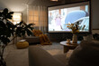 © Pixel-Shot - Interior of stylish living room with grey sofa, coffee table and modern projector screen