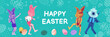 © master1305 - Playful collage with dancing rabbit characters and colorful eggs on turquoise background. Concept of Easter greeting banner, holiday promo design, celebration ads and festive social media header.