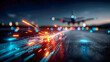 © Aliaksandra - Night airport runway with glowing blue lights and sparks, airplane taking off in the background