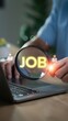 © Arnab Dey - Magnifying glass highlighting job search over laptop keyboard with glowing recruitment icons, symbolizing employment opportunity, hiring process, career development, and candidate selection