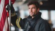 © forenna - First responder firefighter raising American flag on a fire station after completing a difficult rescue, perfect for American hero concept, first responder pride, USA patriotism, emergency service