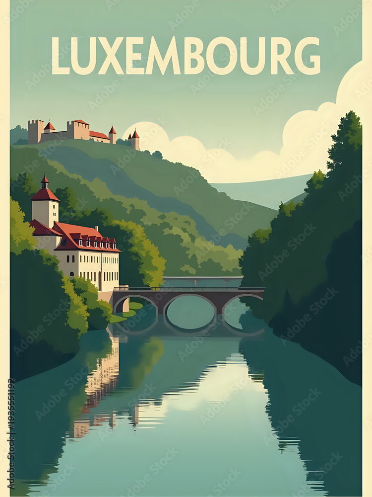 A river flows in front of a bridge while a castle sits atop a green hill. Buildings line the water, and trees surround the area showcasing a peaceful landscape.